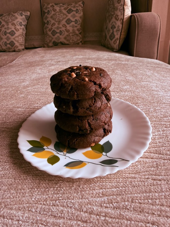 A stack of double chocolate chip cookies